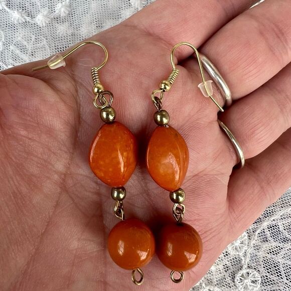 Burnt Orange Bead Dangle Earrings - Picture 4 of 6